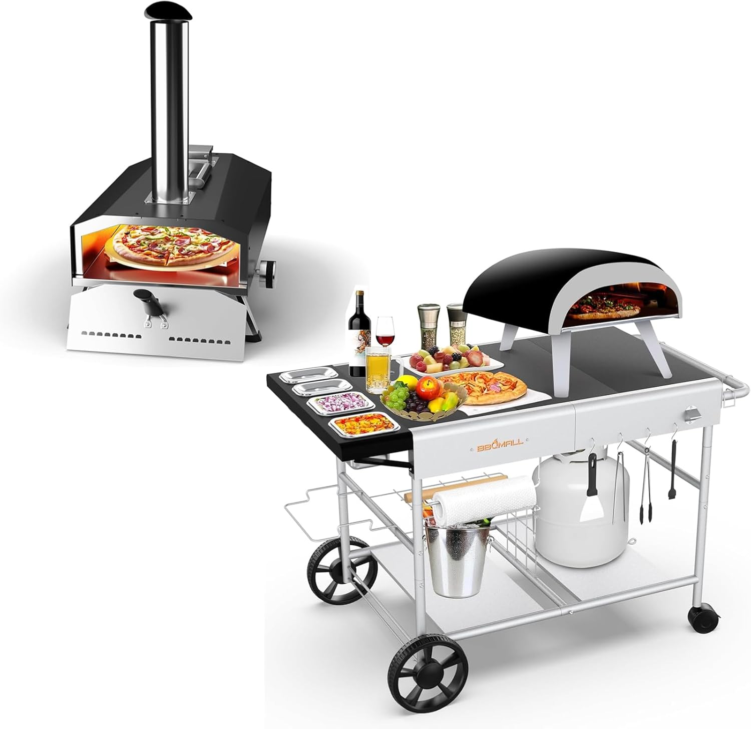 Pizza Oven Table Grill Cart and Wood Pellet 12” Pizza Oven, Wood Fired Pizza Oven Outdoor for Outside Backyard, Camping, Picnics, Patio, Universal Outdoor Pizza Oven Grill Cart 4 Wheels