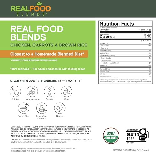 Image of Real Food Blends Chicken, Carrots & Brown Rice - Pureed Food Meals for Tube Feeding with Protein, Vegetables & Fruits - 340 Calories for Lunch & Dinner - 9.4 oz (Pack of 12)