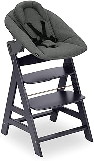 hauck Chaise Haute Bébé Evolutive en Bois Alpha Newborn Set Plus – dès la Naissance, Jusqu’à 90 Kg, Harnais 5 Points, Arceau de Sécurité et Réducteur Nouveau-Né Premium, Gris Foncé