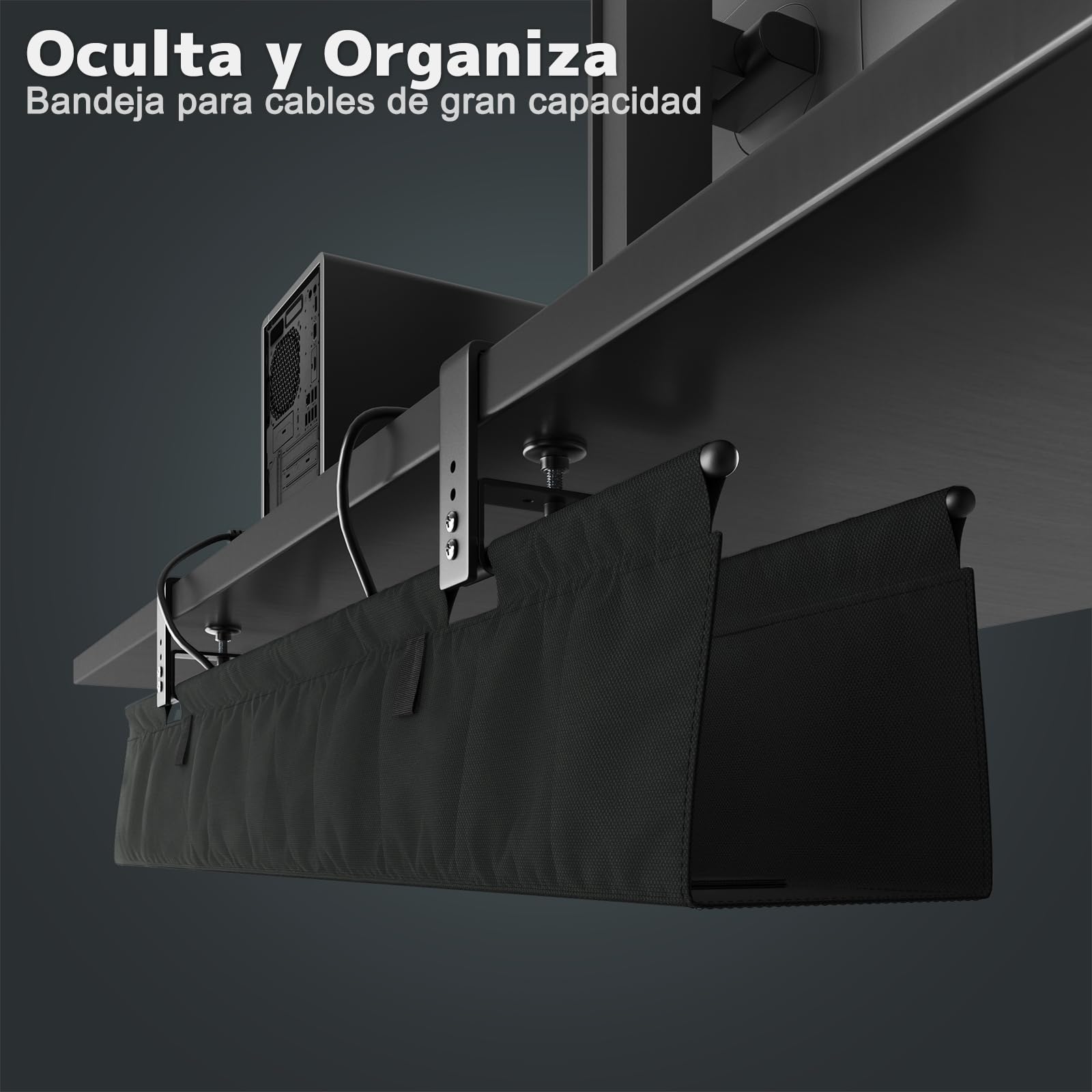 Organizador de Cables para Escritorio Sin Taladro, Cable Management Under Desk 90cm con Fijación a Pinzas/Tornillos, Bandeja de Cable de Tela Estable e Impermeable para Hogar y Oficina, Negro