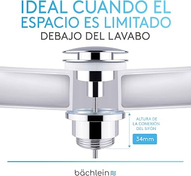 Bächlein Universal Drain with & without Overflow (Save of Space) for Washbasin & Sink - Chrome Automatic Pop Up Valve incl. 3 Gaskets for All Types of Washbasins - Installation with Instructions