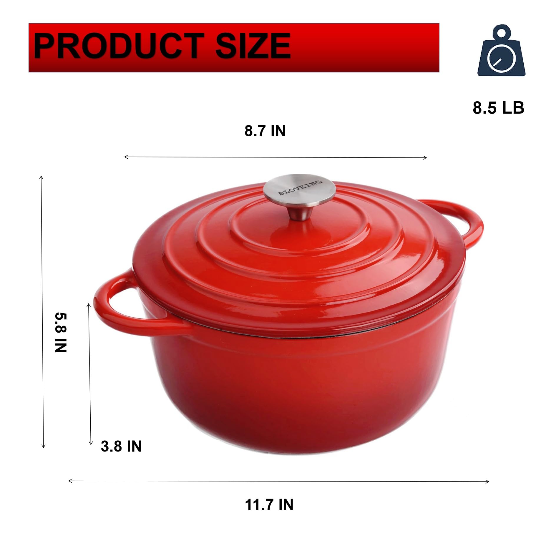 Horno holandés de hierro fundido esmaltado de 3 cuartos de galón con tapa, horno holandés redondo, grande, asas dobles, olla redonda clásica para hornear en casa, cocinar, rojo