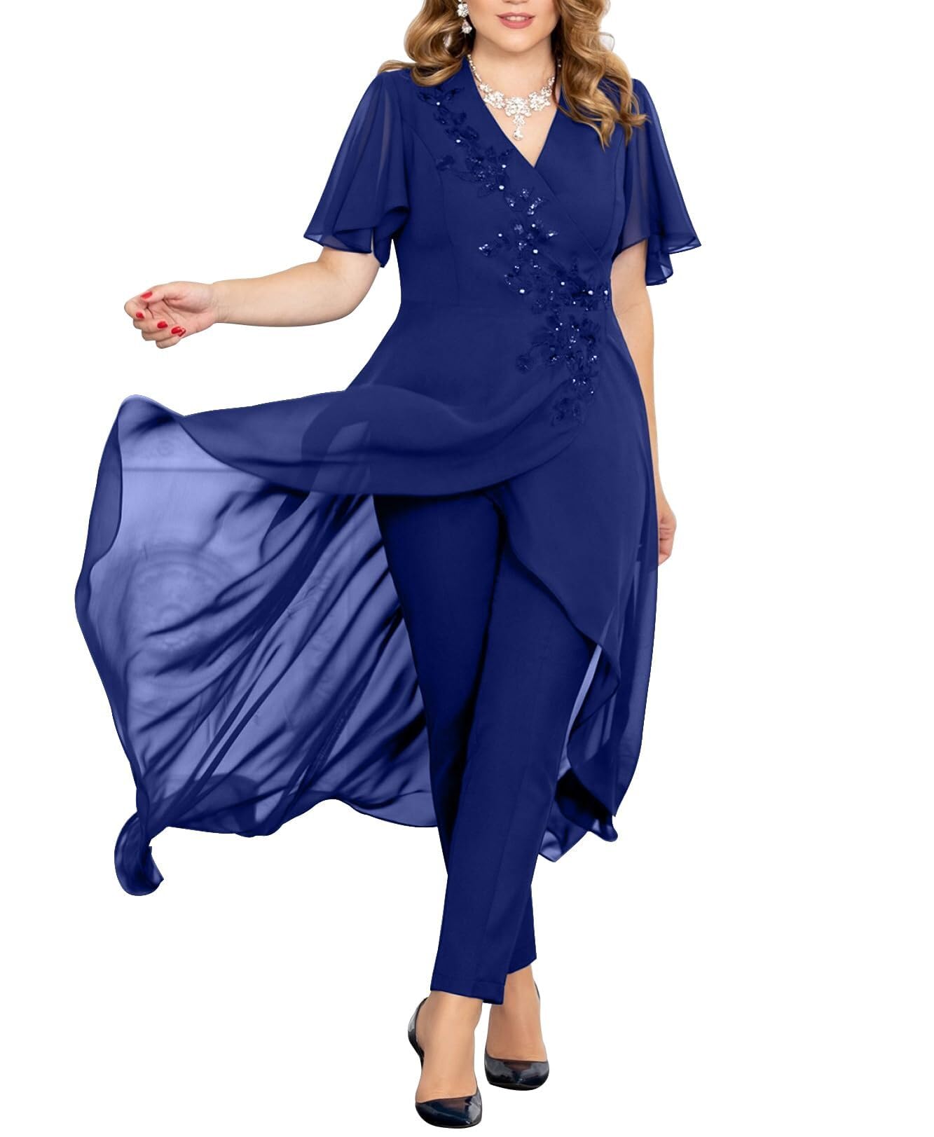 Chiffon 2 Pieces Mother of The Bride Pants Suit V-Neck Beaded Evening Dress Applique Formal Pant Suits for