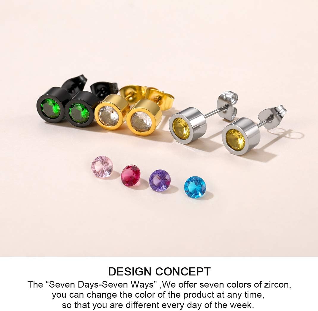 GoldChic Jewelry 5mm Cubic Zirconia Bezel Set Stud Earrings Gold, Interchangeable Earrings,Stainless Steel Birthstone Earrings, 7 pairs CZ Stone Stud Earrings set for Women - Image 4