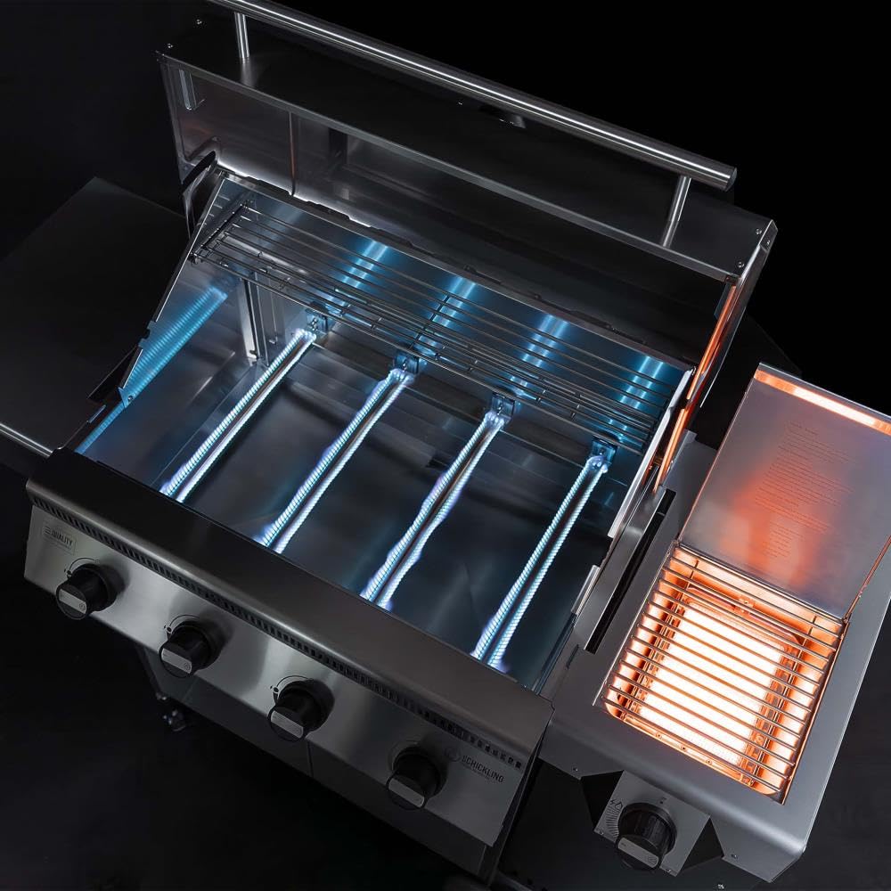 Schickling Gasgrill "Hermann XL - Deluxe" Edelstahlgrill Grillwagen mit Unterschrank, doppelwandigem Deckel, 4x 5kW Brenner, 800 Grad Seitenbrenner & 4-teiligen Grillrost - Made in Germany