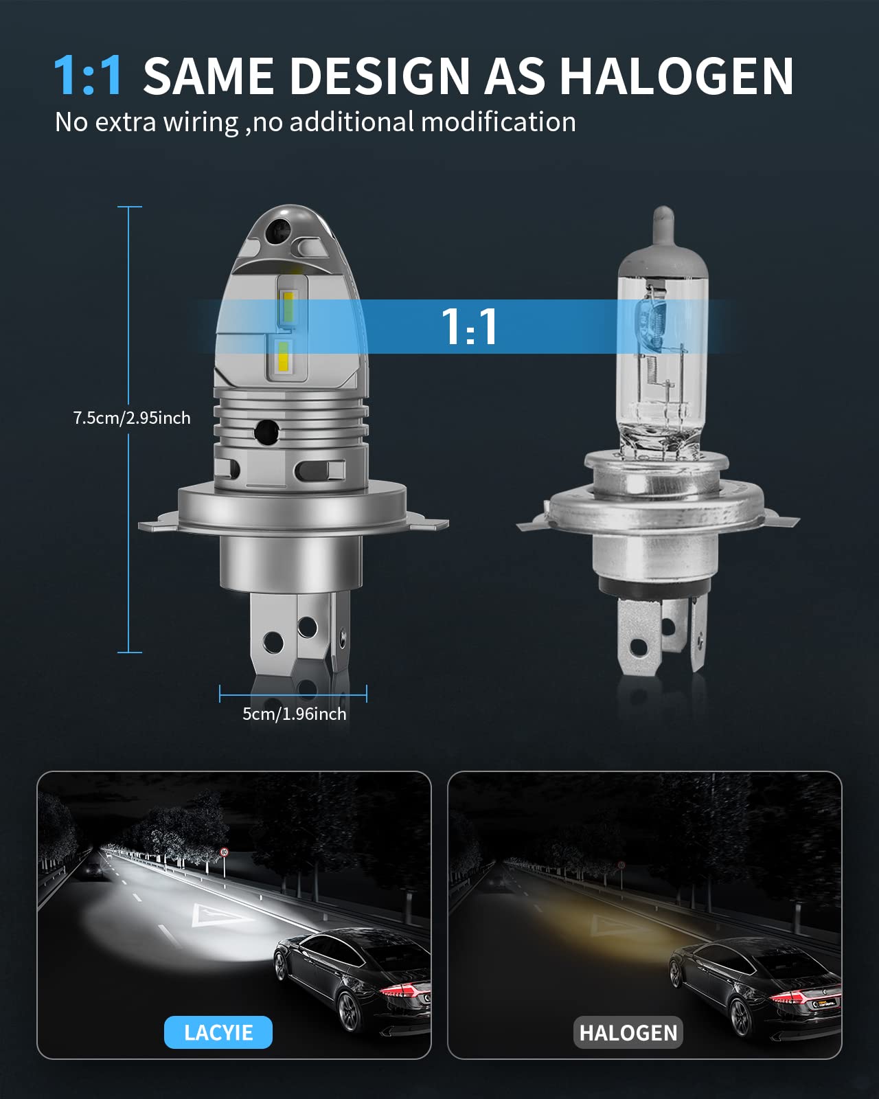 Bombilla H4/9003 LED Coche, Lacyie 12000LM Xenon Blanco 6000K 12V Faros Delanteros Bombillas para Moto,IP68 Impermeable Faros Reemplazo de Halógena y Kit Xenón Garantía de 2 años