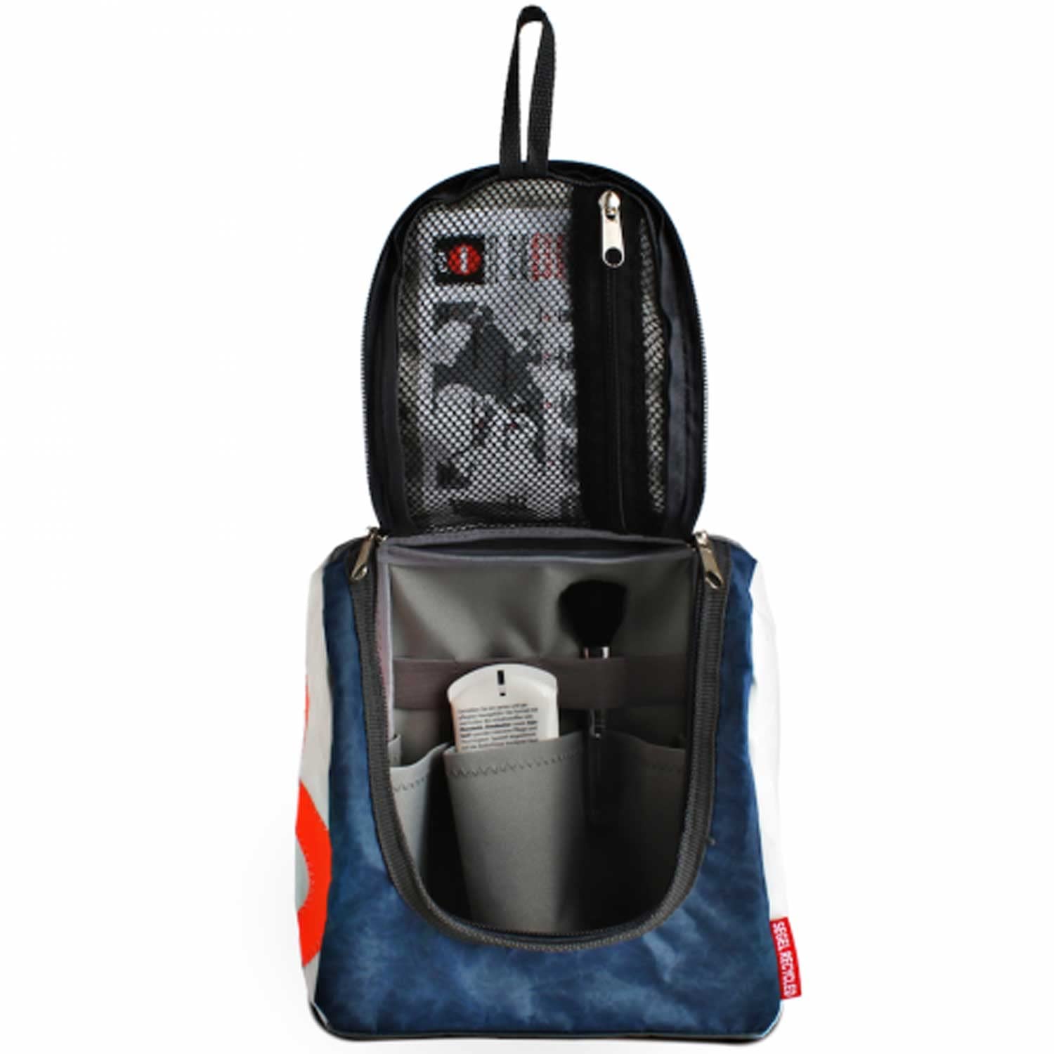 360 Grad Kulturtasche, Waschbeutel, Matrose XL aus Segeltuch, weiß, Zahl neon orange, Gurt dunkelgrau