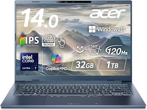 Acer Swift Go 14 AI Intel Core Ultra 7 IPS Matte Touch Display sRGB 100% WUXGA 1610, 32GB Memory, 1TB SSD, 14 inches, 23.5 hours of playtime, Thin and lightweight, 2.8 lbs 1.24 kg, 2.07 Megapixels, IR Webcam, Wi-Fi 7, Japanese Keyboard, Copilot+PC, Steam Blue, Laptop SFG14-7 3Z