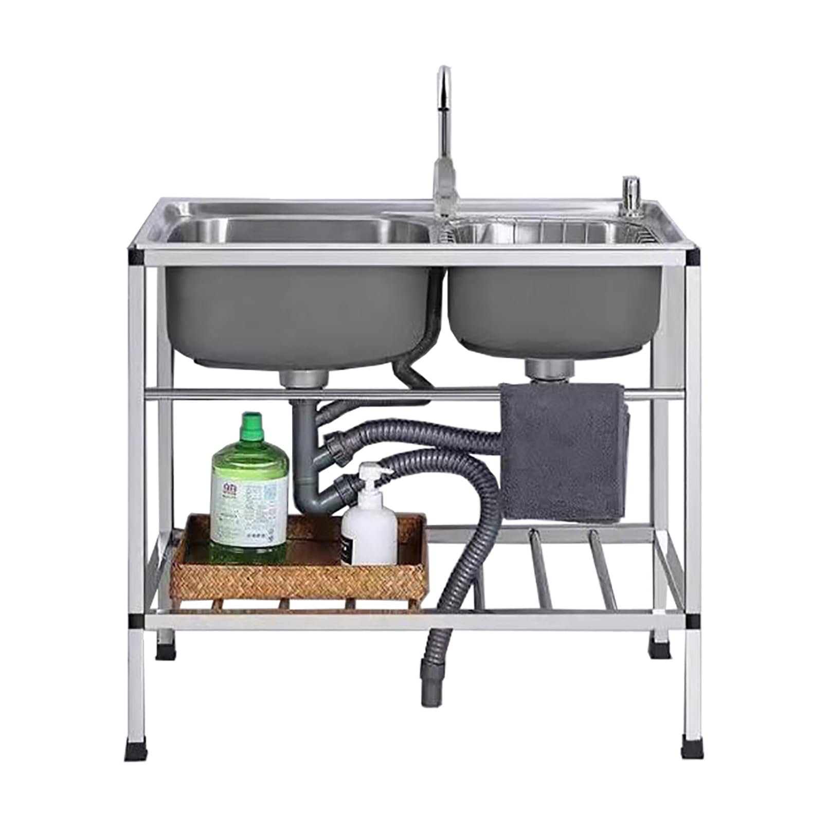 LMYSXAOZ Catering Sink Free Standing Stainless Steel Utility Sinks for Laundry Room, Double Bowl Kitchen with Hot and Cold Faucet, Industrial Garage Sink, Commercial Restaurant, Workshop