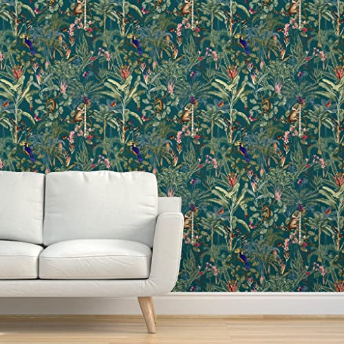 Spoonflower Commercial Grade Wallpaper 27Ft X 2Ft - Rainforest Animals Monkeys Birds Trees Teal Green Butterflies Botanical Foliage Luscious Palm Trees Traditional Wallpaper #TOP3