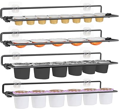 K Cup Holder, Wall Mount K Cups Holder, Adjustable for Any Brand Pod Storage Organizer with Adhesive Stickers Under Cabinets, Corner or Fridge-Black 4 Pack
