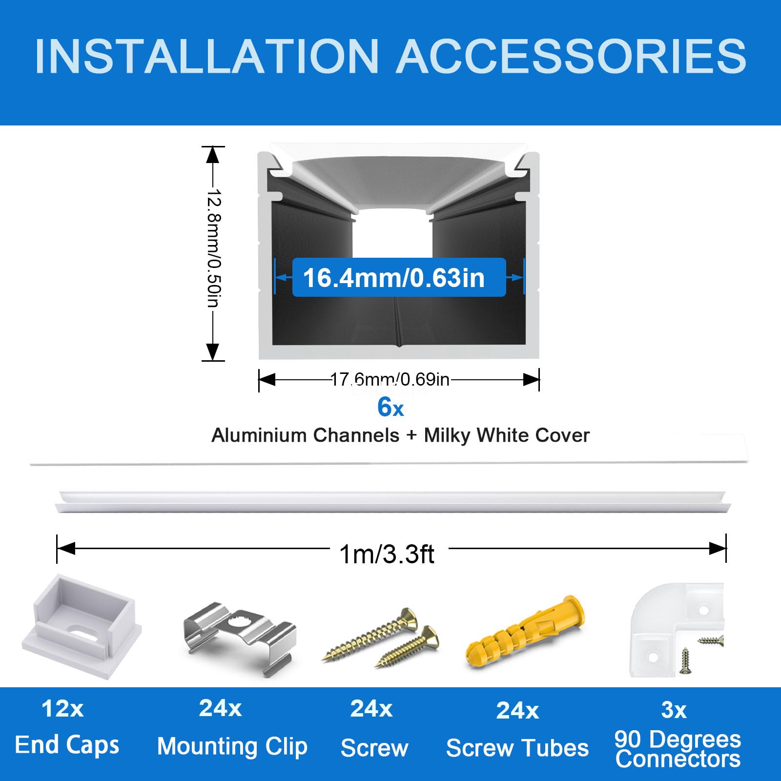 Perfil de canal de aluminio LED para tiras de hasta 16 mm, barra en forma de U, perfil de aluminio, difusor con cubierta blanca lechosa, perfil de esquina, adecuado para tiras LED Philips Hue / Stripe