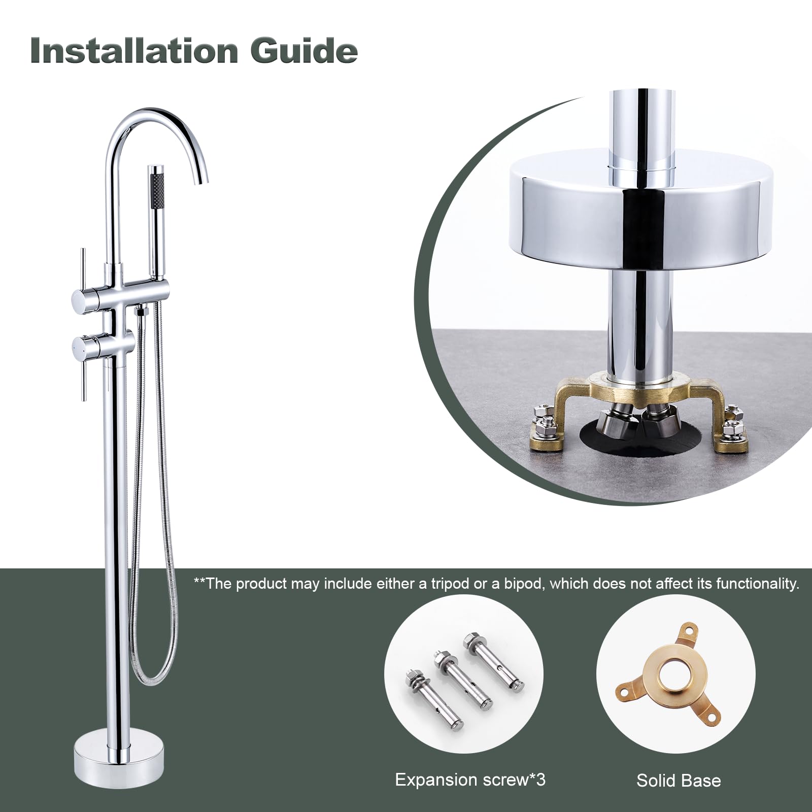 ARCORA Rubinetto Vasca a Pavimento, Miscelatore Vasca Autoportante, Rubinetto da Vasca da Bagno a Colonna​ con Doccetta, Girevole 360°, Rame e Acciaio Inox, Cartuccia Ceramica, Cromato