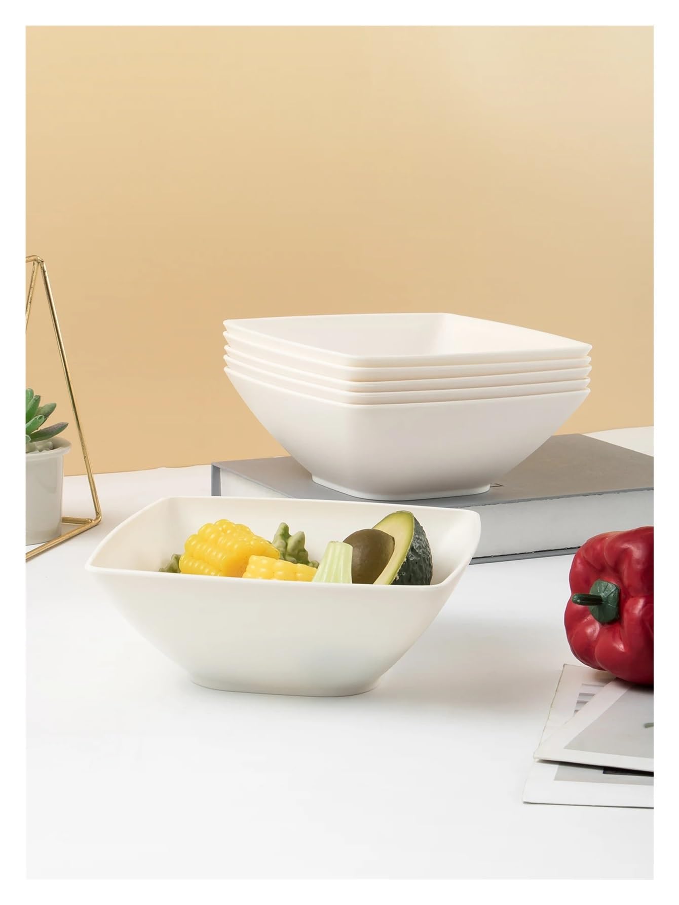 Cuenco Cuadrado de plástico Grande, vajilla Beige Reutilizable for Sopa y Ensalada(6pcs-Beige)