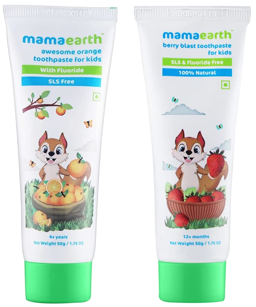 Mamaearth 100% Natural Berry Blast Kids Toothpaste 50 Gm,Fluoride & Sls Free,No Artificial Flavour & Mamaearth Natural Toothpaste, Orange Flavour, Sls Free,With 750 Ppm Fluoride, 4+ Years,Plant Based