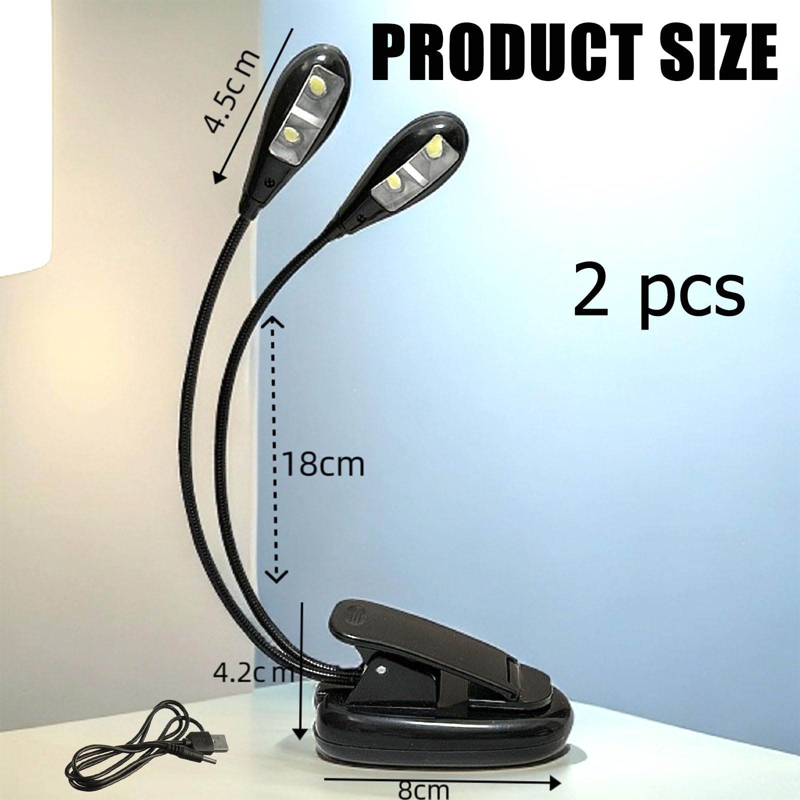 Cerioll Muzyczna lampka do stoiska, muzyczna lampka do czytania, podwójna głowica do czytania, 4 lampki LED z kablem USB, na fortepian, biurko, stojak na stół, czarny, 2 szt