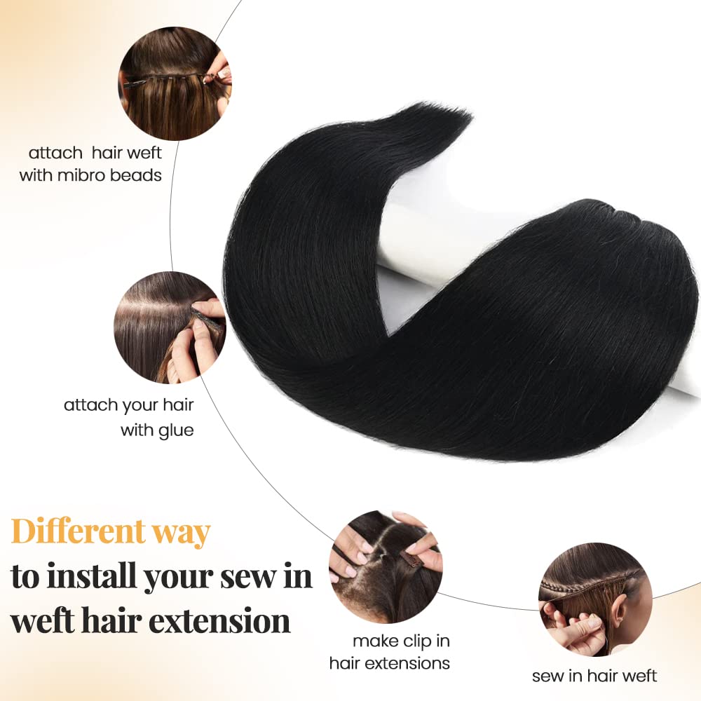 Smartinnov Hair Sew in Weft Extensions #1 Black Human Hair for Adding Hand Tied Double Weft Remy Hair Bundles Silky Straight Weft 80 Grams 12 Inch Briazilian Human Hairs Sew in Hair Extension