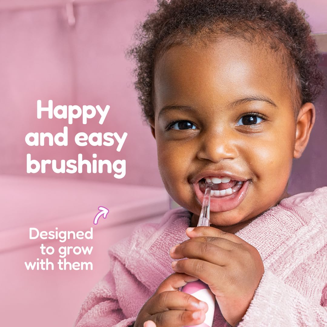 Brush-Baby - BabySonic - Spazzolino elettrico rosa, 0-36 mesi, morbido e delicato, per gengive sensibili e denti nuovi, con luce LED e base di aspirazione, testine per neonati e bambini