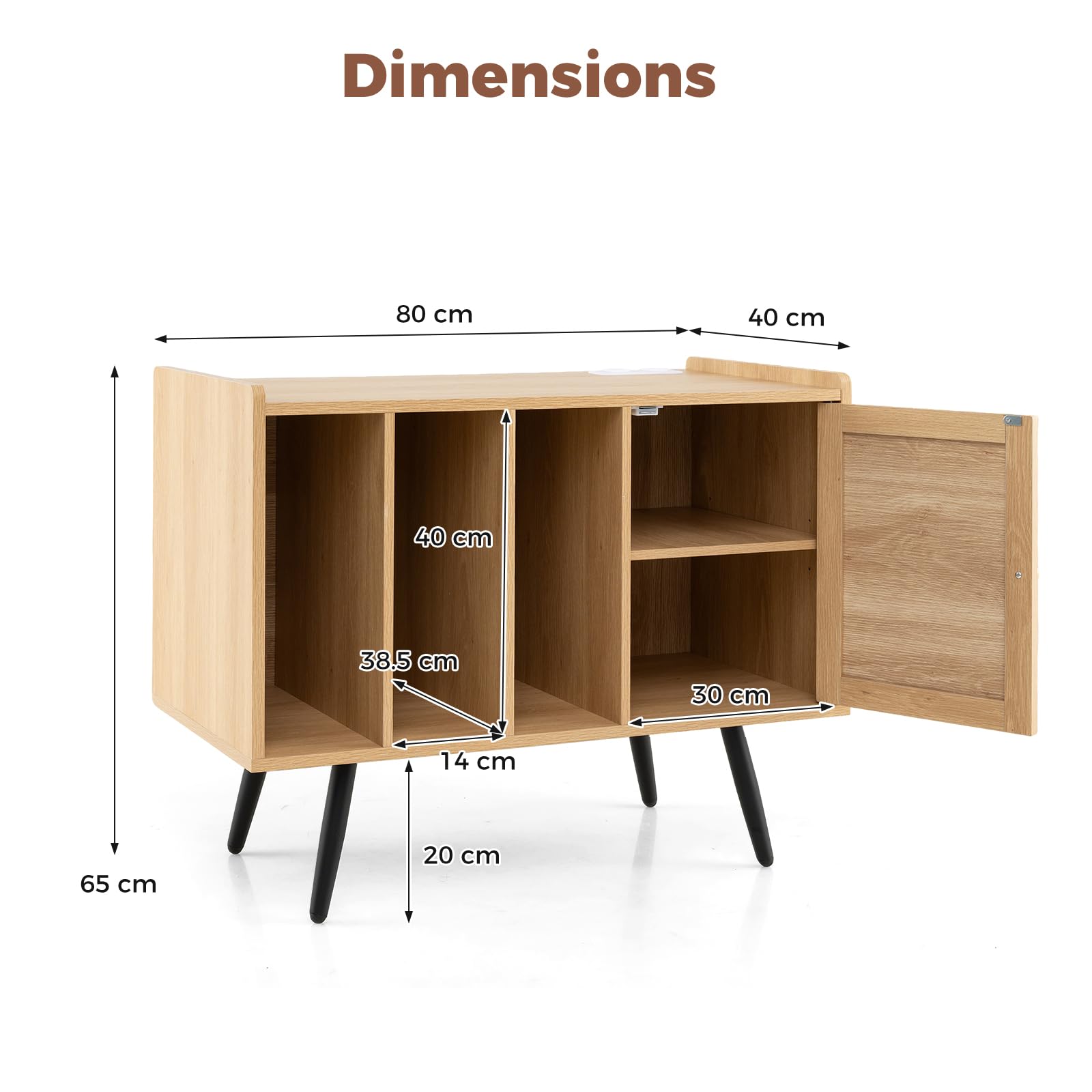KOMFOTTEU Soporte para Tocadiscos con Estación de Carga, Mueble para Discos de Vinilo con 3 Estantes Abiertos y Armario con Puerta de Ratán, Mesa Auxiliar para Álbumes con Estante Ajustable (Natural)