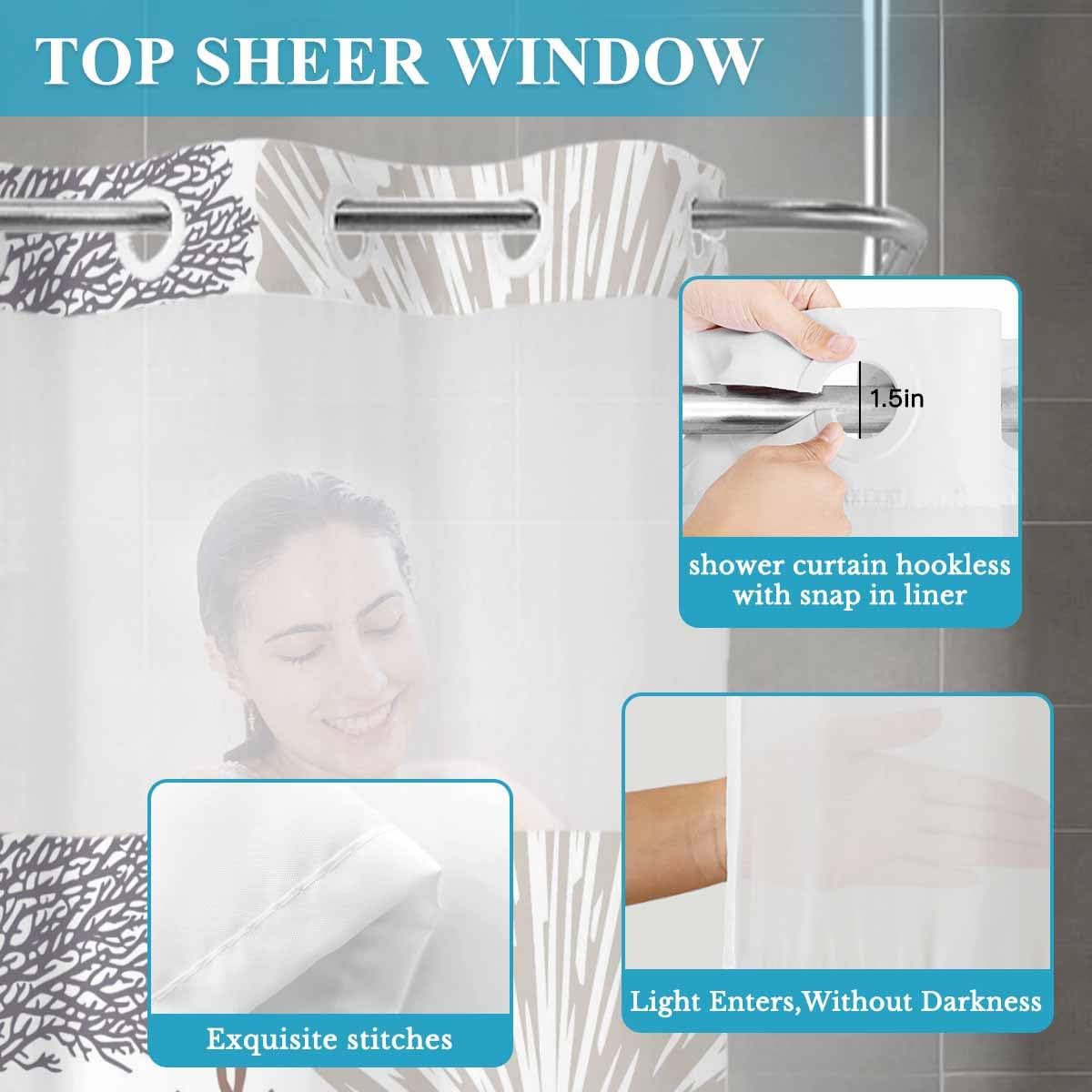 No Hook Cloth Fabric Shower Curtain with Snap in Liner, Ocean Coral Waterproof Shower Curtains Set with See Through Top Window, Shells Starfish Geometric Abstract Texture Bath Curtains Shower 72"x72"