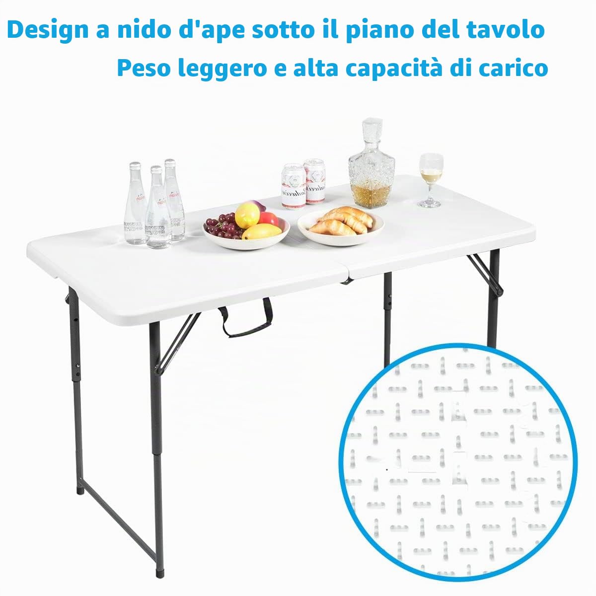GIANTEX Tavolo da Campeggio Pieghevole con Altezza Regolabile | Tavolo da Giardino Portabile con Maniglia di Trasporto e Telaio in Acciaio, 3 Posizioni, Portata 150kg, 122x61x46/60/74cm