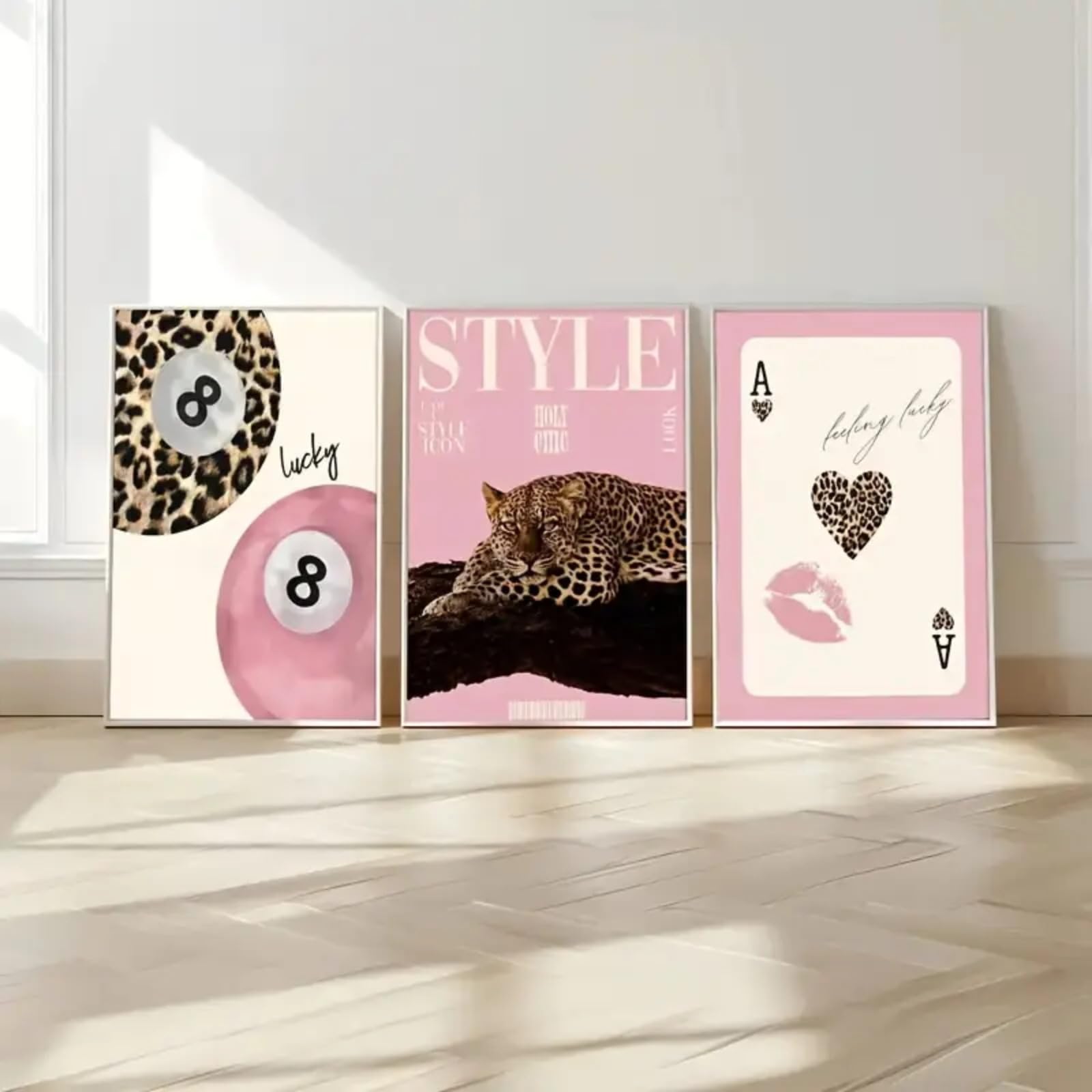 JORCEDI Set of 3 Posters,Trendy Leopard Wall Art,Pink Cheetah Print Canvas Wall Decor,8 Ball Lucky Poster,Aesthetic,for Girls Bedroom, Apartment Dorm,Living Room Unframed (30x40cm,pink 3)