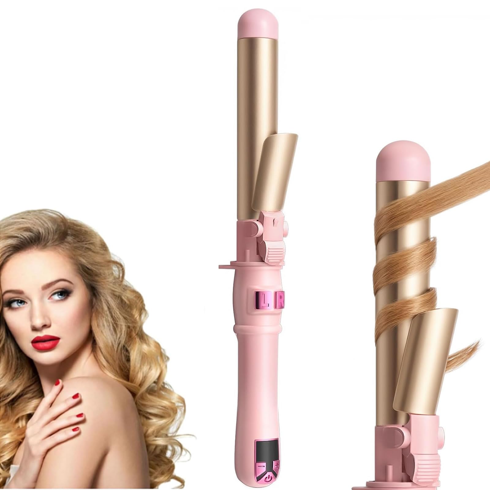 Automatic Curling Iron, 28mm/1.1 inch Rotating Hair Curler with LCD Display, Adjustable Temp, Dual Voltage, Automatic Shut-Off, Fast Heating Wand for All Hair Types and Lengths (Pink Gold)