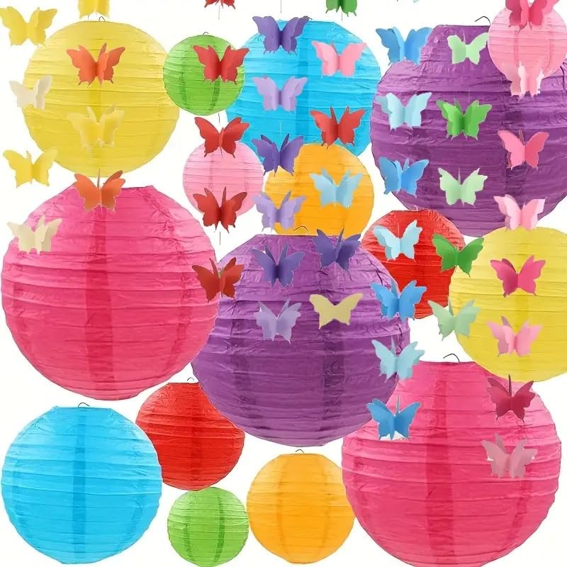 Image of Wanna Party 7 Pcs Colorful Paper Lanterns with 3D Butterflies - Hanging Decoration Set for Birthday, Baby Shower, Valentine's Day, Wedding & Party Celebrations