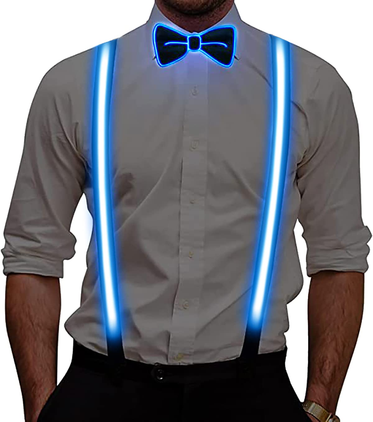 Lot de 2 bretelles lumineuses à LED et nœud papillon pour homme - Pour musique, festival, fête costumée d'Halloween