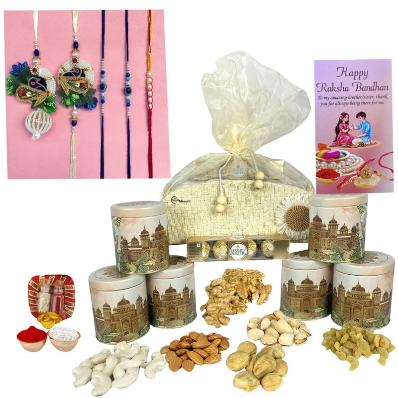 Image of NUTRI MIRACLE Rakhi Gift Hamper - Eco Tin Jar of Nuts Chocolates