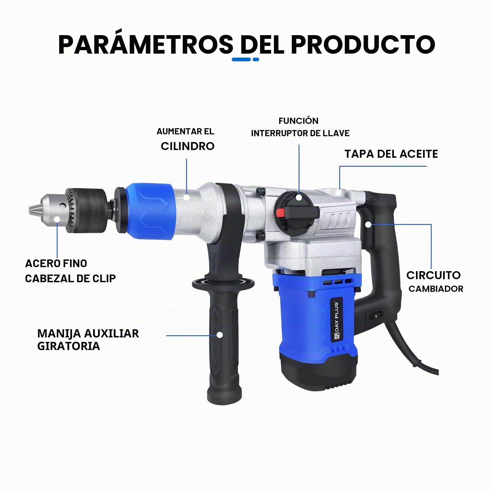 Kit de martillo de demolición eléctrico 1500 W con mango giratorio de 360°, 6 velocidades variables, con grasa, cincel, brocas