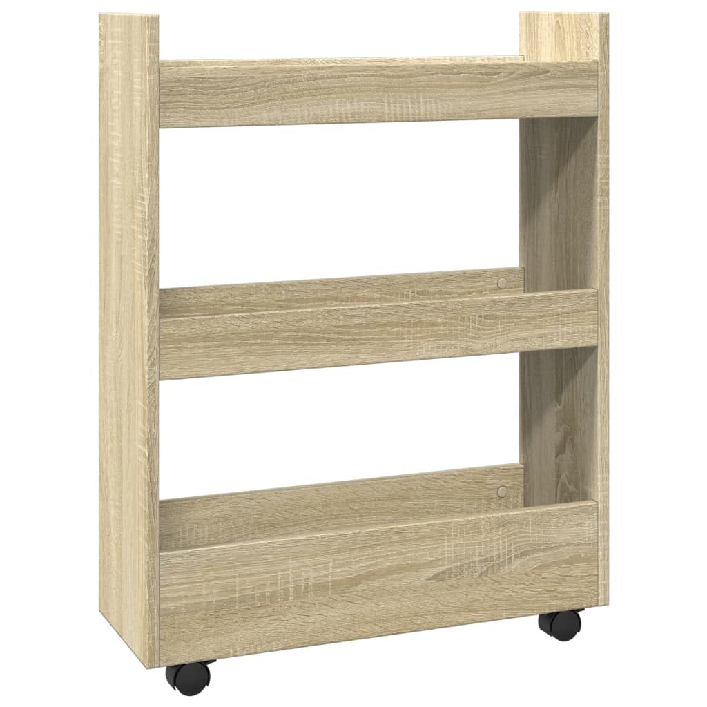Carro de almacenamiento genérico estrecho de 3 niveles Chene Sonoma | Madera de ingeniería estable, 4 ruedas giratorias, 2 bloqueables, para sala de estar cocina y cuarto de baño