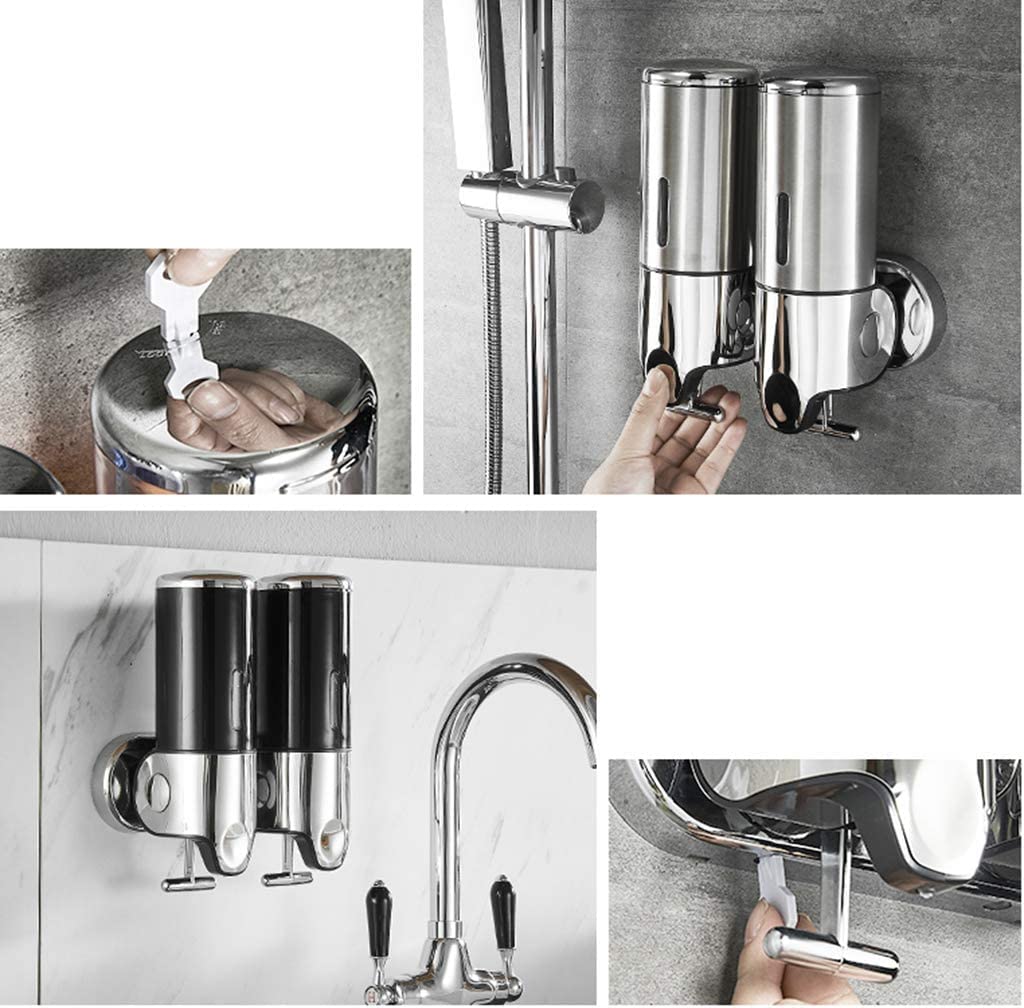 Dispensador de jabón for baño, desinfectante de Manos, Botella de Acero Inoxidable de Montaje en Pared, Cabezal Simple o Doble, Impermeable, con Barra de Acoplamiento de Metal.(A)