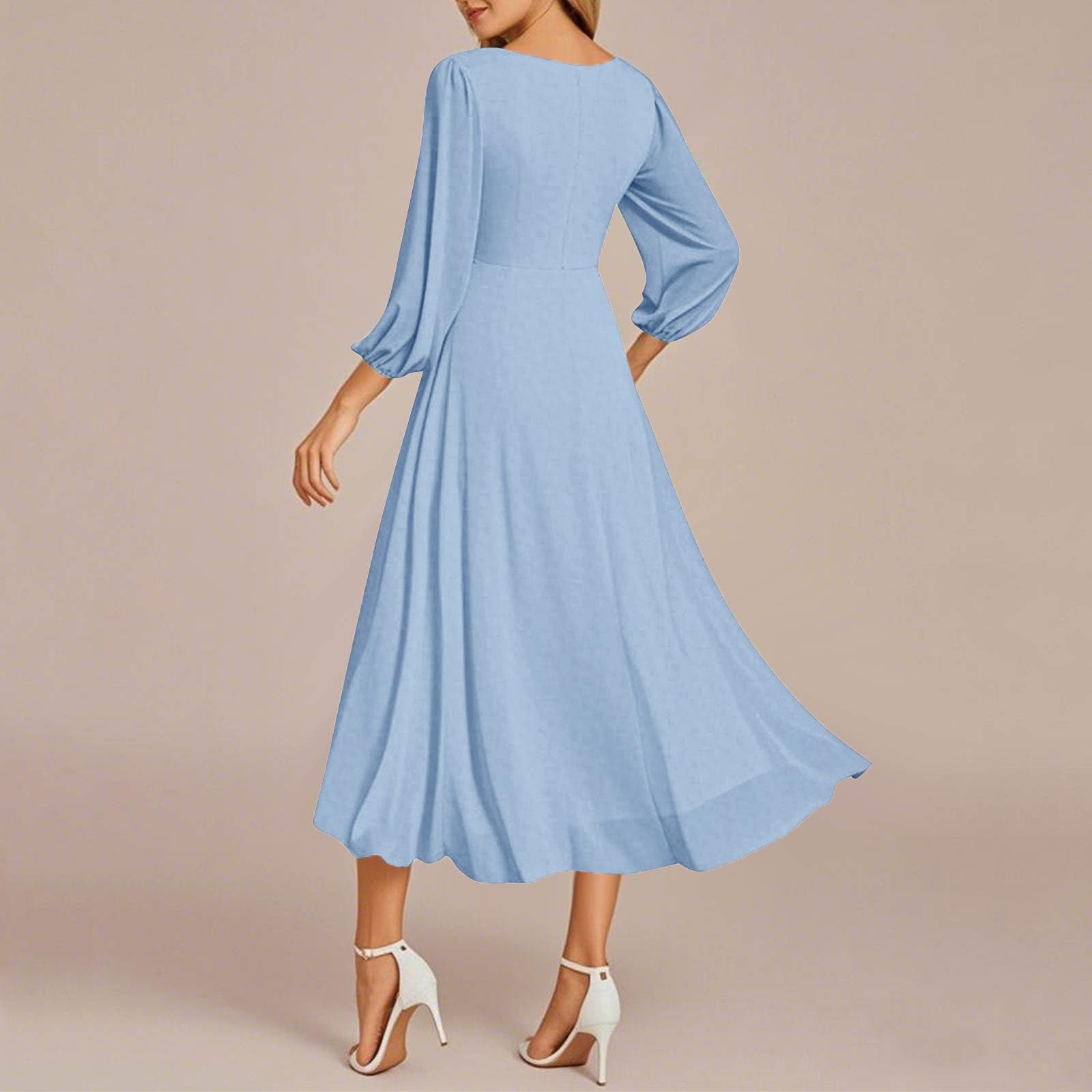 Ansenesna Abendkleider Elegant Für Hochzeit Midi Curvy Kleid Hochzeitsgast Damen Sommer Chiffon Festliche Kleider V Ausschnitt Tailliert Abschlusskleid Frauen 3/4 Ärmel Asymmetrisch Leicht Ballkleid