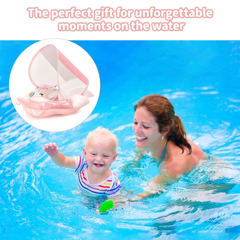 Baby Schwimmring mit Sonnendach Entfernbar, Schwimmring Baby mit Verstellbarer Sicherheitssitz, Kippsicherheit, Schwimmhilfe Baby mit Luftpumpe für 12-36 Monate, Rosa Einhorn