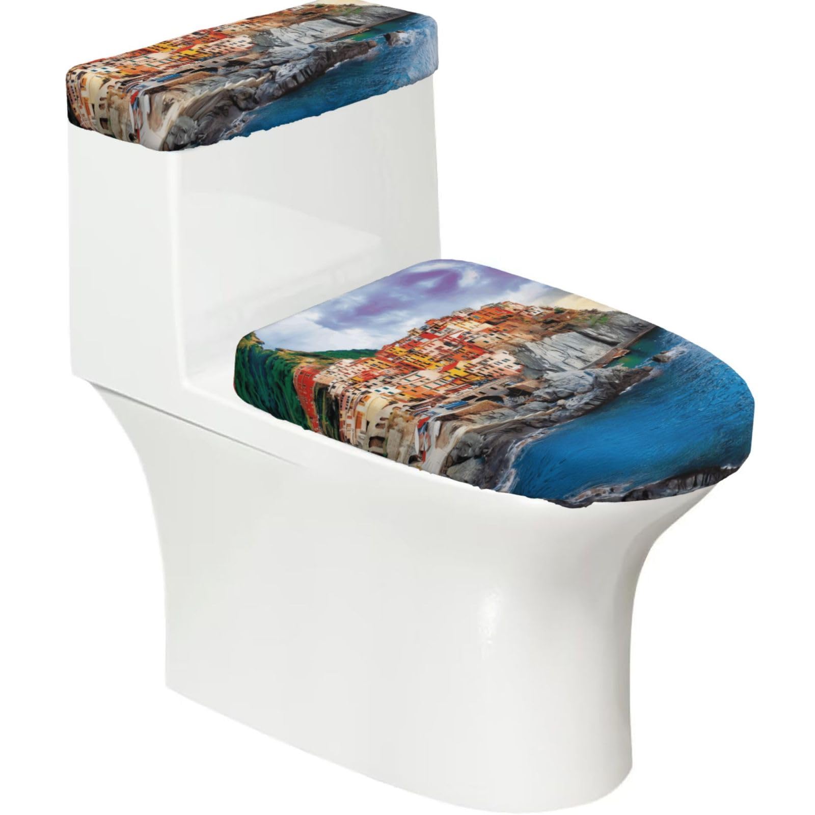 Cinque Terre Scenery 2-Piece Toilet Seat Cover Set with Tank Lid - Elastic for U-Shape & Elongated - Bathroom Decor