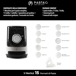 PASTAIO Máquina de Pasta Fresca de Doble Extrusión, hasta 800g, pesaje automático, 11 discos para 15 tipos de pasta, 180W
