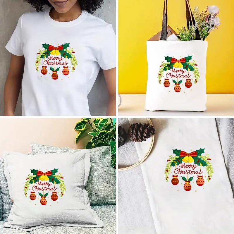 Image of Zhenqing Merry Christmas Embroidery Kit for Beginners, Red Bells and Ornaments Craft Set with 20cm Hoop, Printed Design on 29x29cm Cotton Fabric, DIY Holiday Wall Art (C0036)
