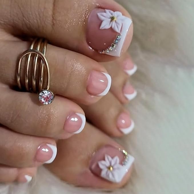 French Tip Press On Toenails: Summer Floral Toe Nails