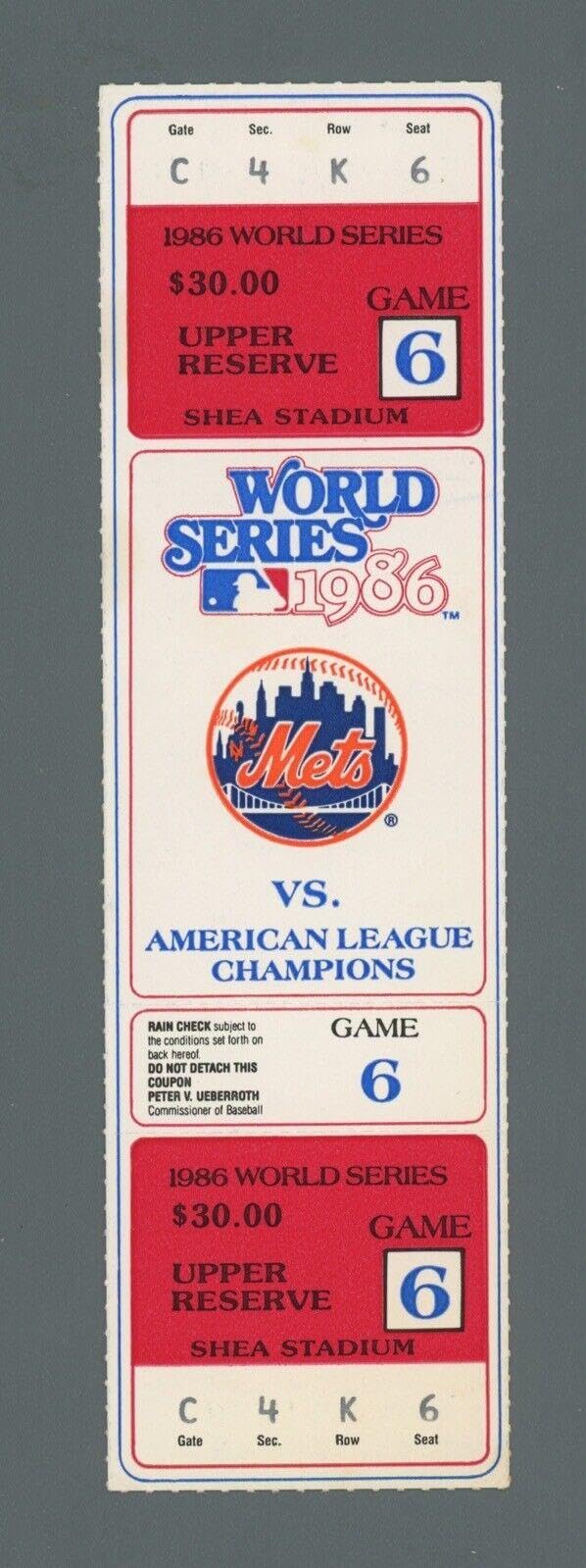 Game 6 1986 World Series Shea Stadium Full Ticket - Mookie Wilson 