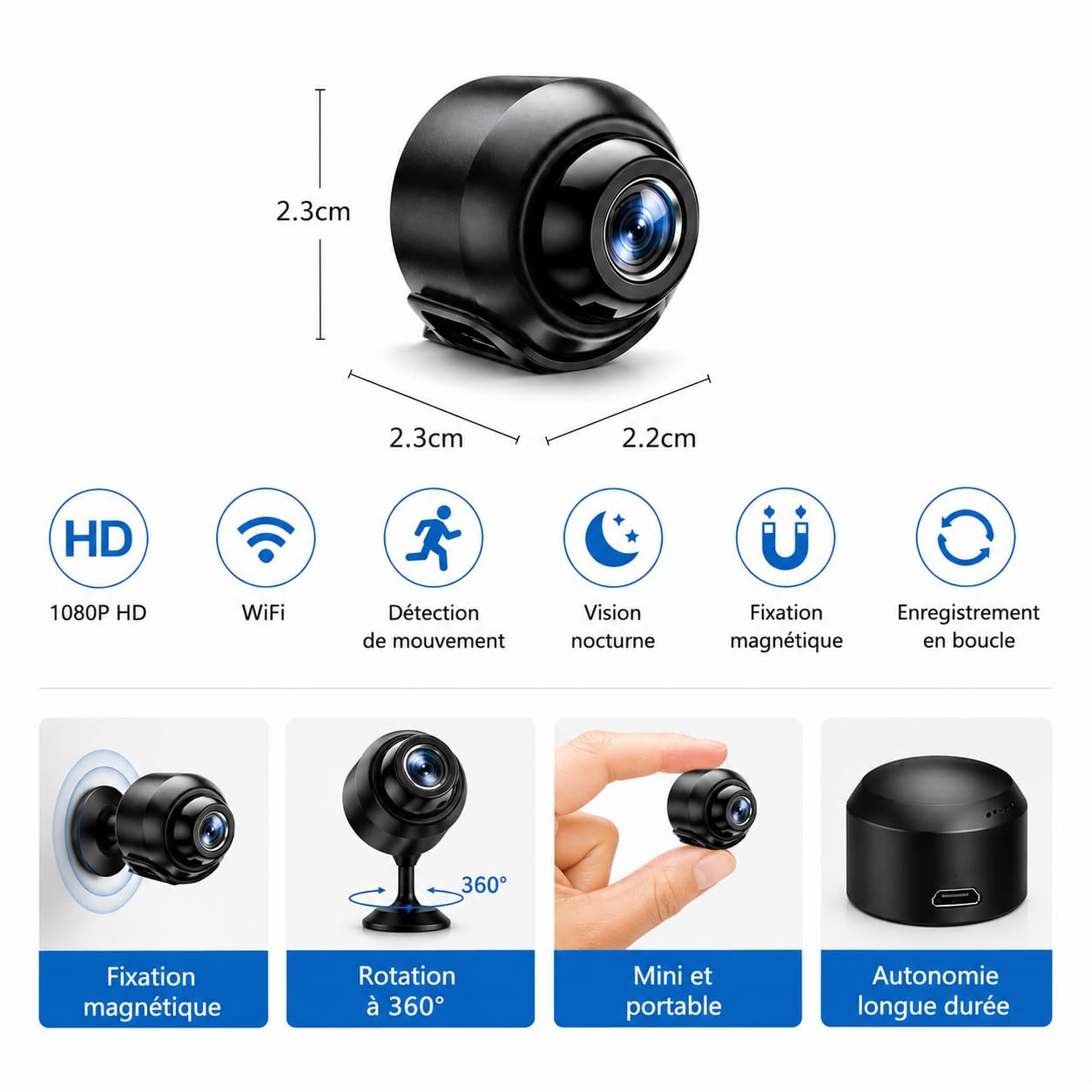 Mini Caméra Espion WiFi HD 1080P Caméra Cachée Sans Fil Vision Nocturne Détection de Mouvement Accès à Distance Enregistrement Continu Surveillance Intérieure Maison