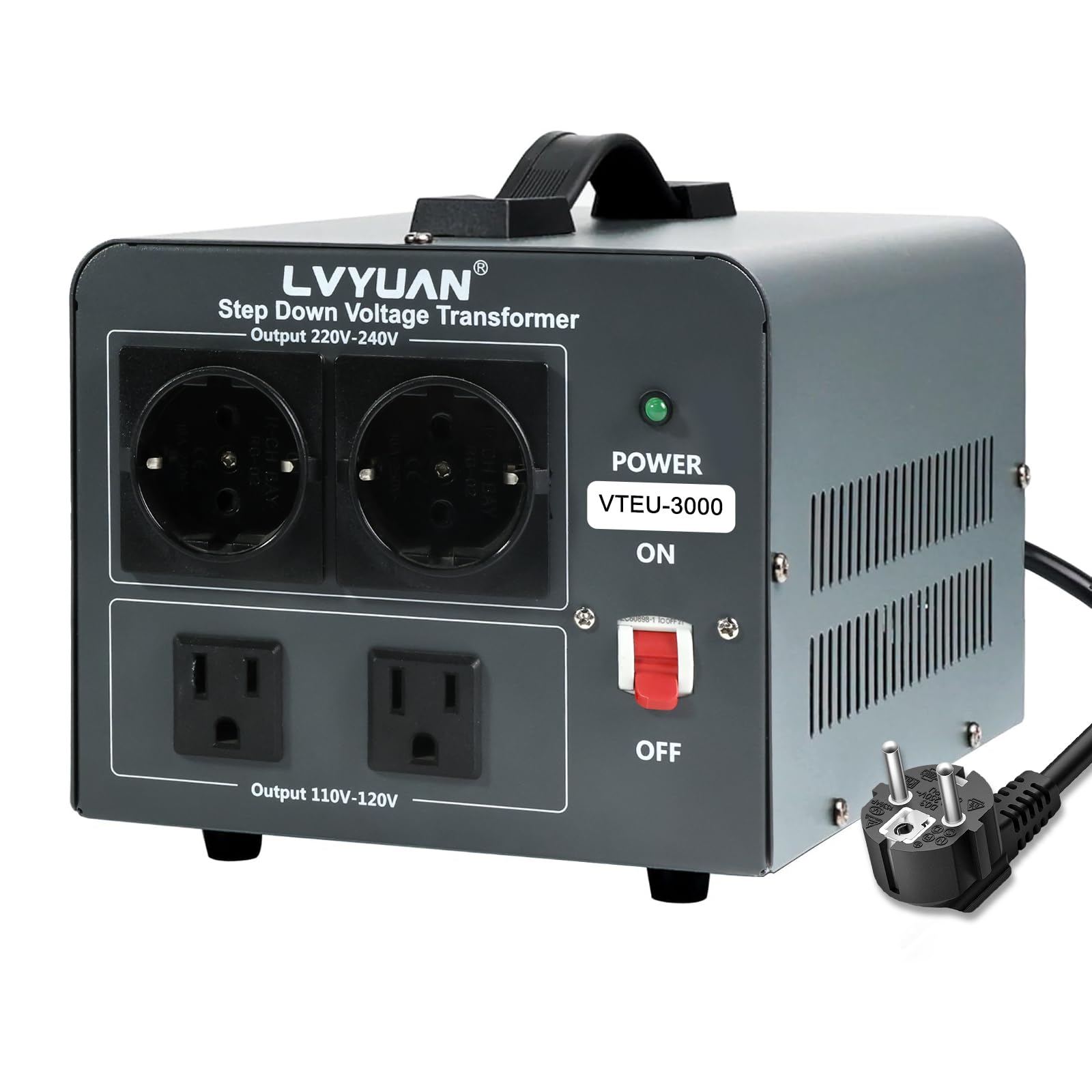 Cantonape Convertisseur de tension Step Down 220-110V Transformateur de puissance 3000W, avec interrupteur ON/OFF, protection de circuit réinitialisable, 2 sorties 230V et 2 sorties 110V