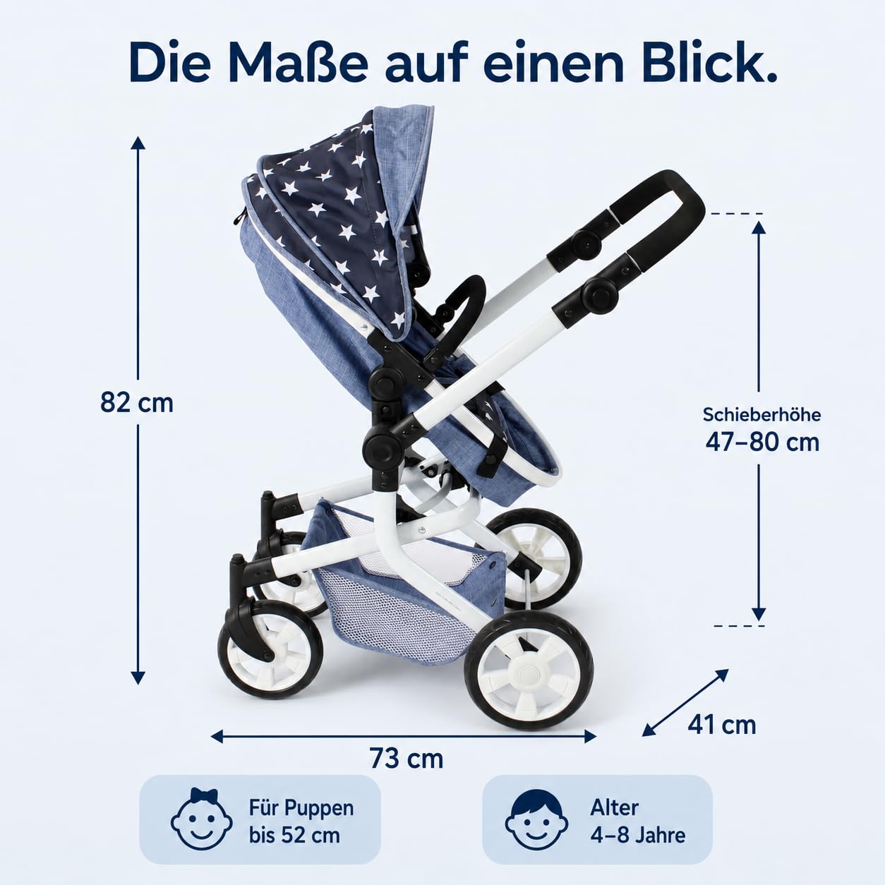 Bayer Chic 2000 - Wózek dla lalek Mika, wózek dla lalek kombi 2 w 1 dla dzieci w wieku od 4 do 8 lat, wózek dziecięcy dla lalek do 52 cm, gwiazdka, granatowy