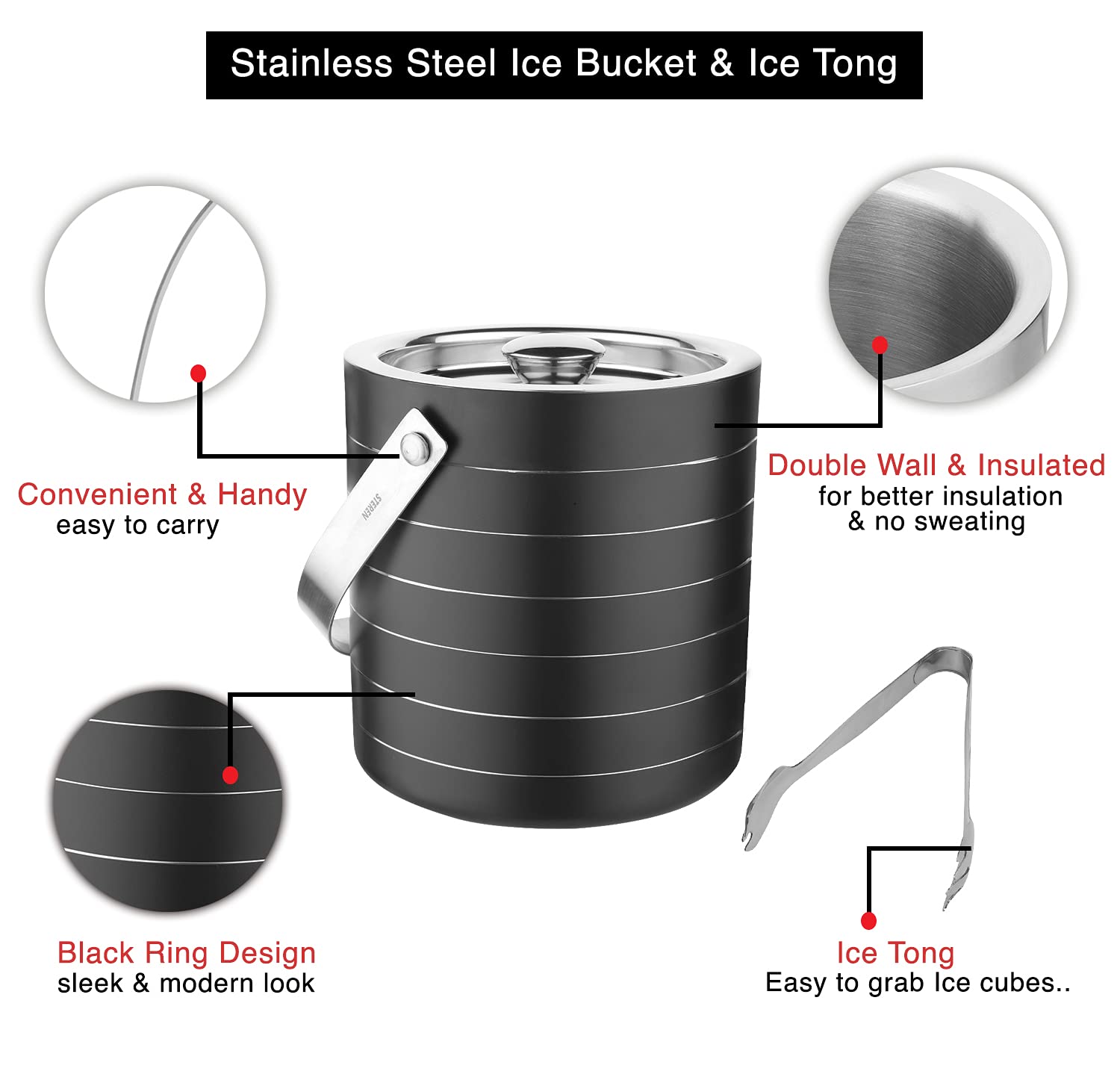 Steren | Stainless Steel Double Wall Ice Bucket with Tong - Black Ring Design, Medium 1.5L | Perfect for Gifting 3