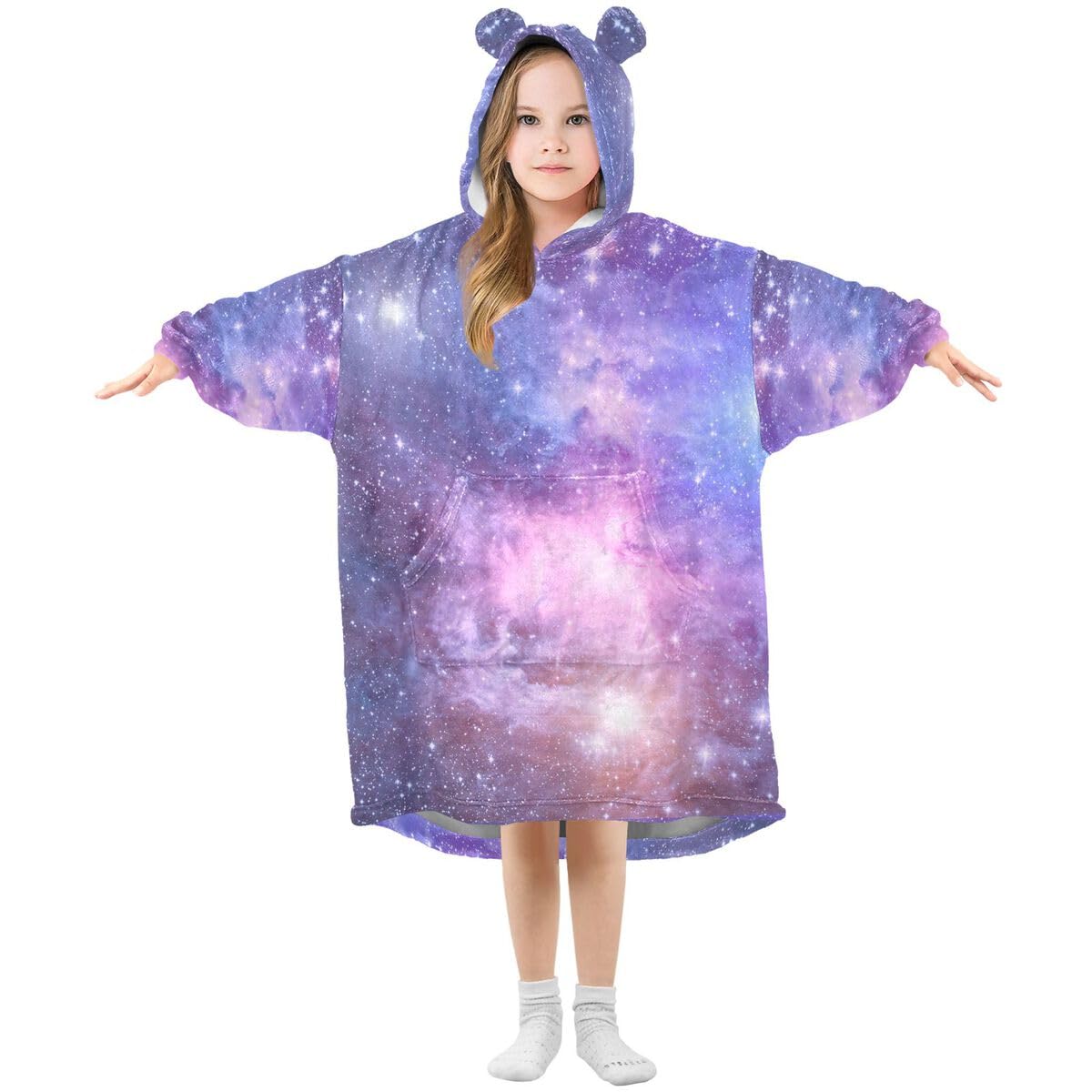 Galaxy Planets Stars Dziecięcy koc do noszenia z kapturem, oversize, bluza, koc, fioletowy, mgławica, dla chłopców i dziewcząt w wieku 3-14 lat