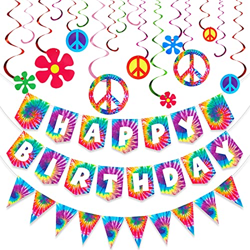 Tenare 15 Pieces Tie Dye Party Happy Birthday Banner Pennant Banner and 60's Hippie Theme Foil Swirl Decor for Tie Dye Party Art Classic 60s 70s Theme Hippie Carnival Shower Birthday