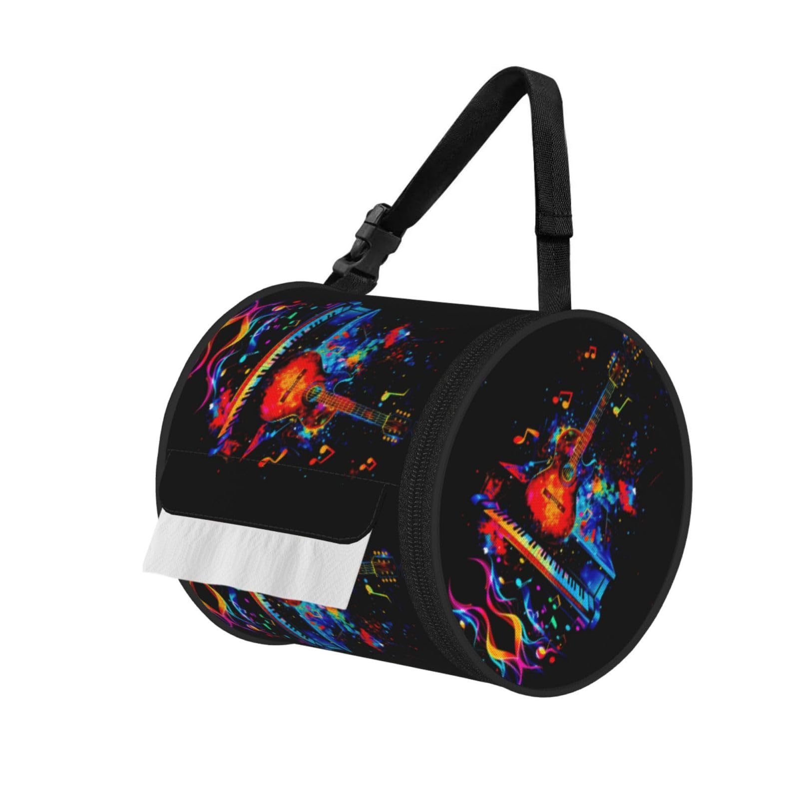 Rock Guitar Print Round Tissue Dispenser Bag With Carry Strap, Portable Roll Holder For Car Travel Home