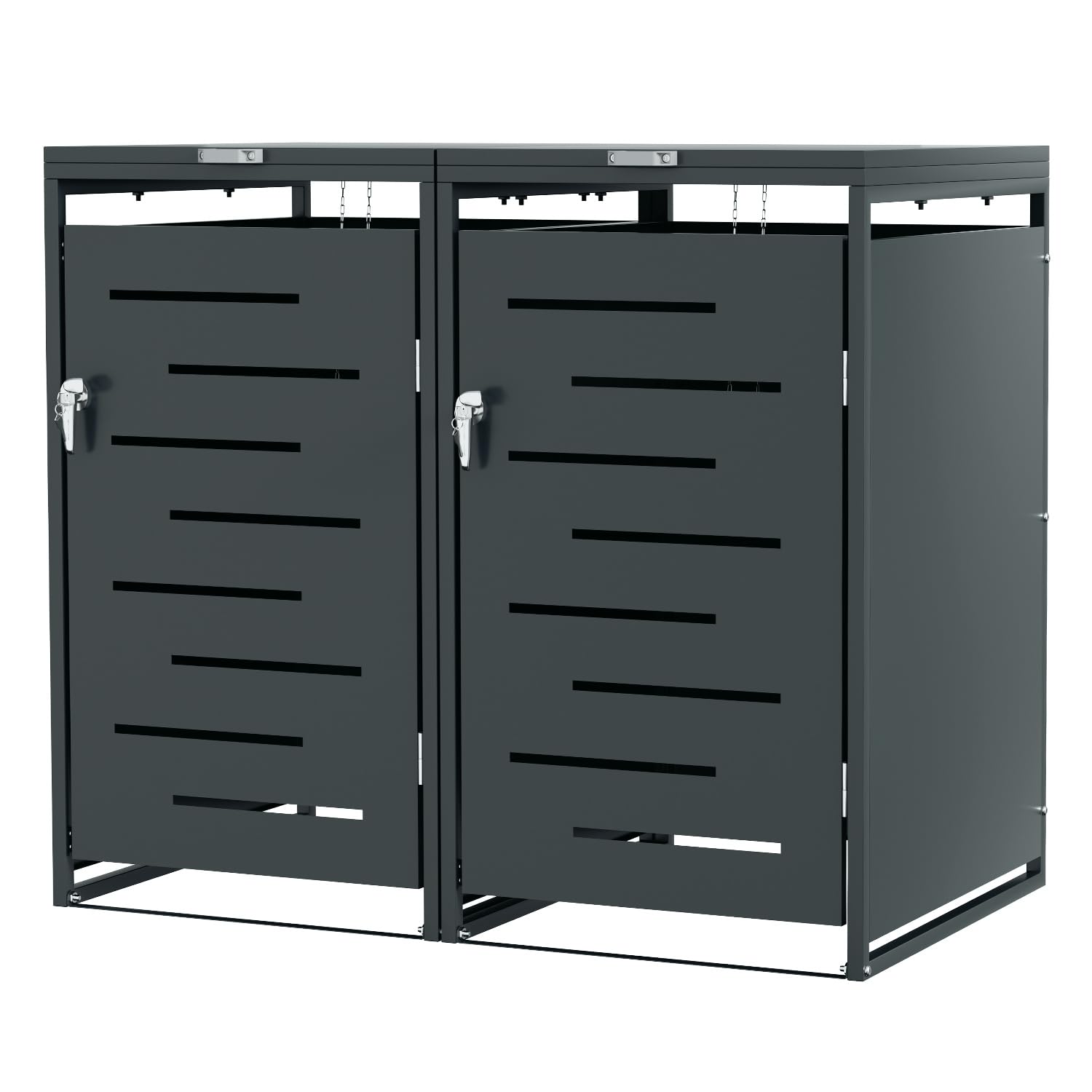 Lot de 2 cache-poubelles en métal pour poubelles de 120 l/240 l, résistant aux intempéries, verrouillable, avec vérins à gaz et chaînes de couvercle, anthracite