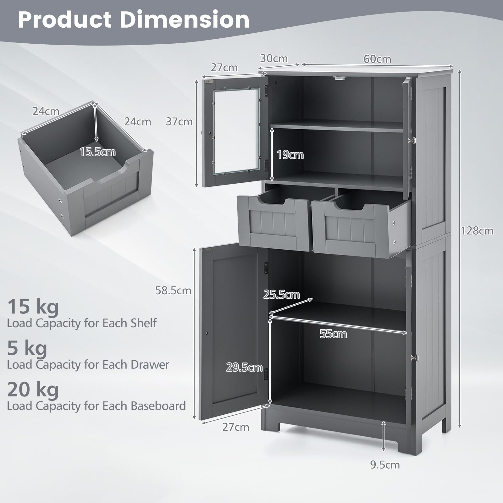 LIFEZEAL Mobiletto Bagno Salvaspazio in Legno, Armadio a 2 Ante in Vetro, Arredo Grande 60x30x128 cm, Mobile Dispensa Cucina con 2 cassetti, Vetrinetta Soggiorno Moderno e Alta, (grigio)