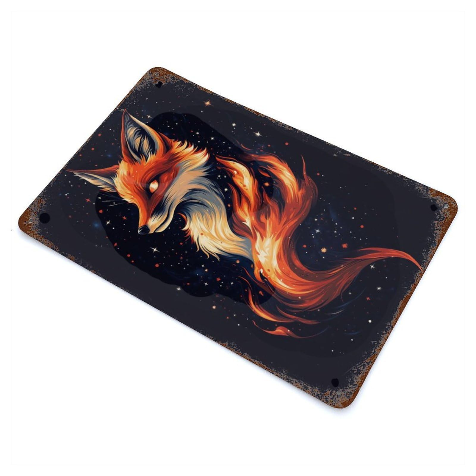 Distressed Metal Wall Sign with Aesthetic Mysterious Fox Design 11.8"x7.9", for Cafe, Home Bar And Lounge Decor, Retro Wall Decor